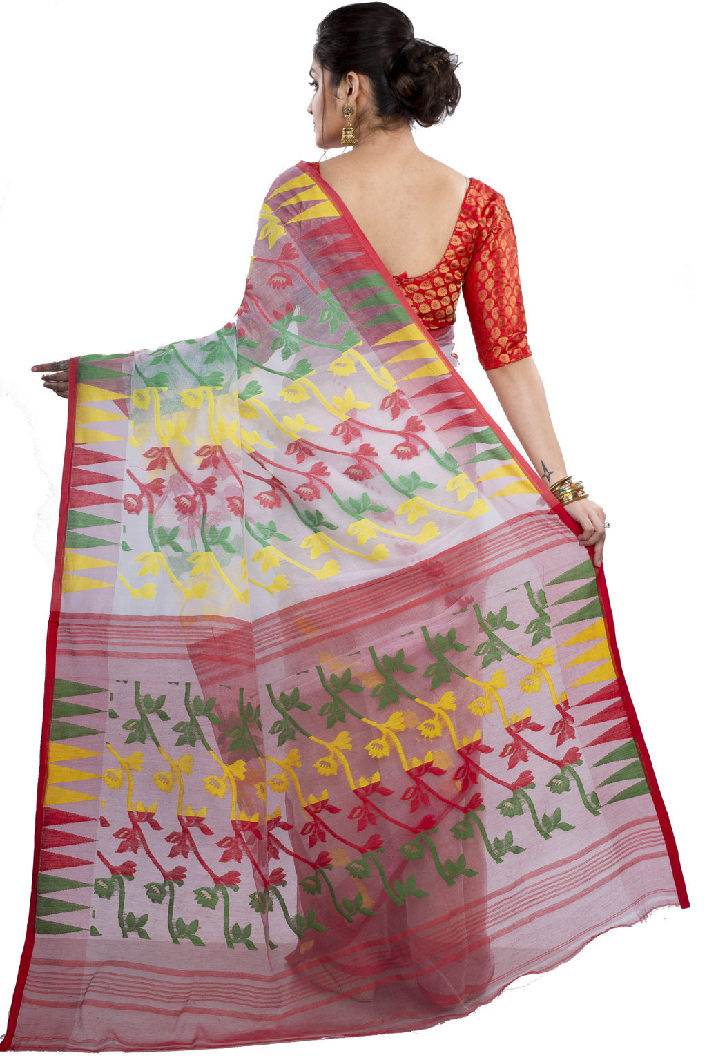 White Red Blended Cotton Moha_Jamdani Jamdani Saree (809)